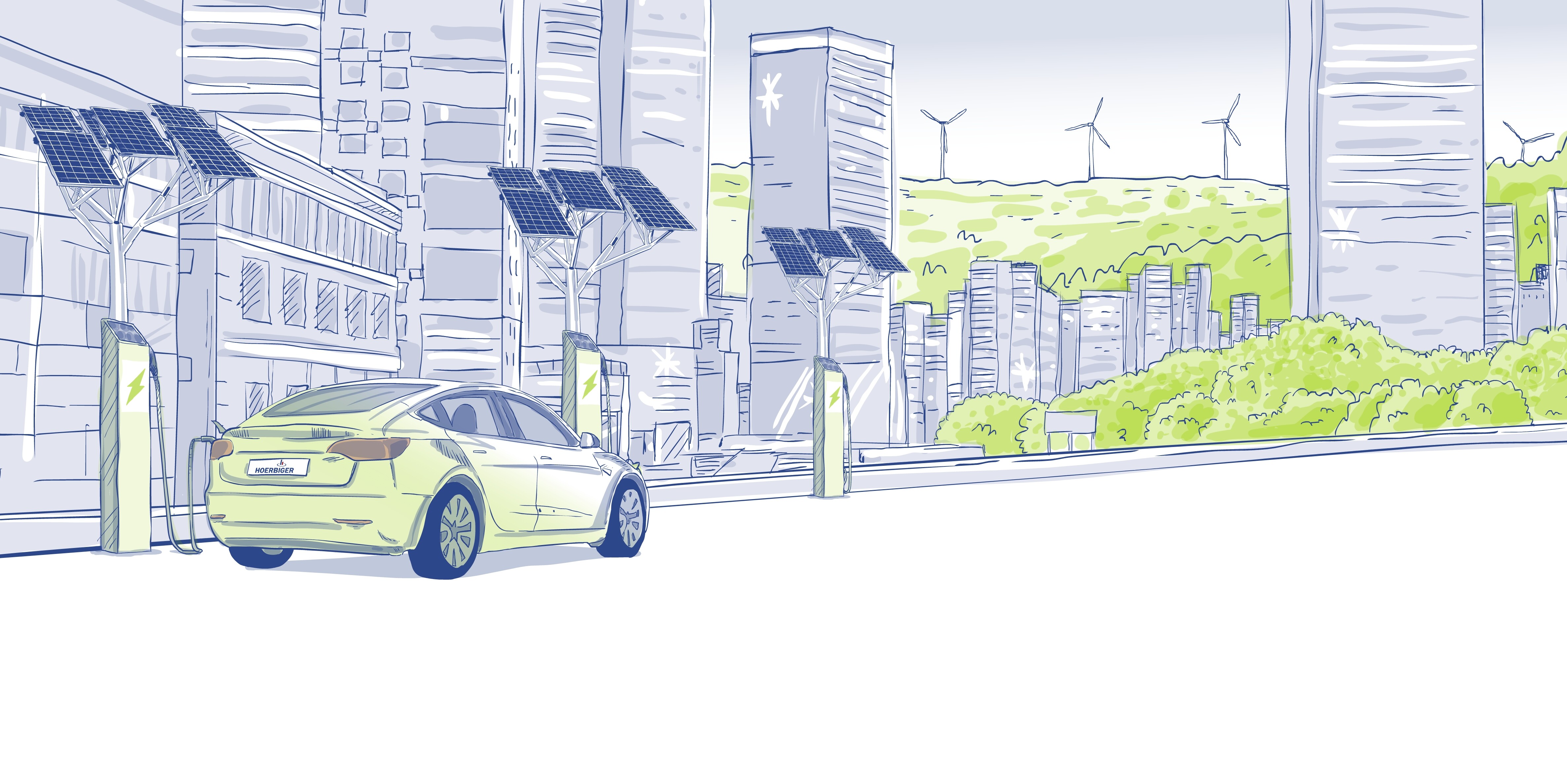 Skizze zu E-Mobility mit Auto vor Solarpaneelen Skizze zu E-Mobility mit Auto vor Solarpaneelen