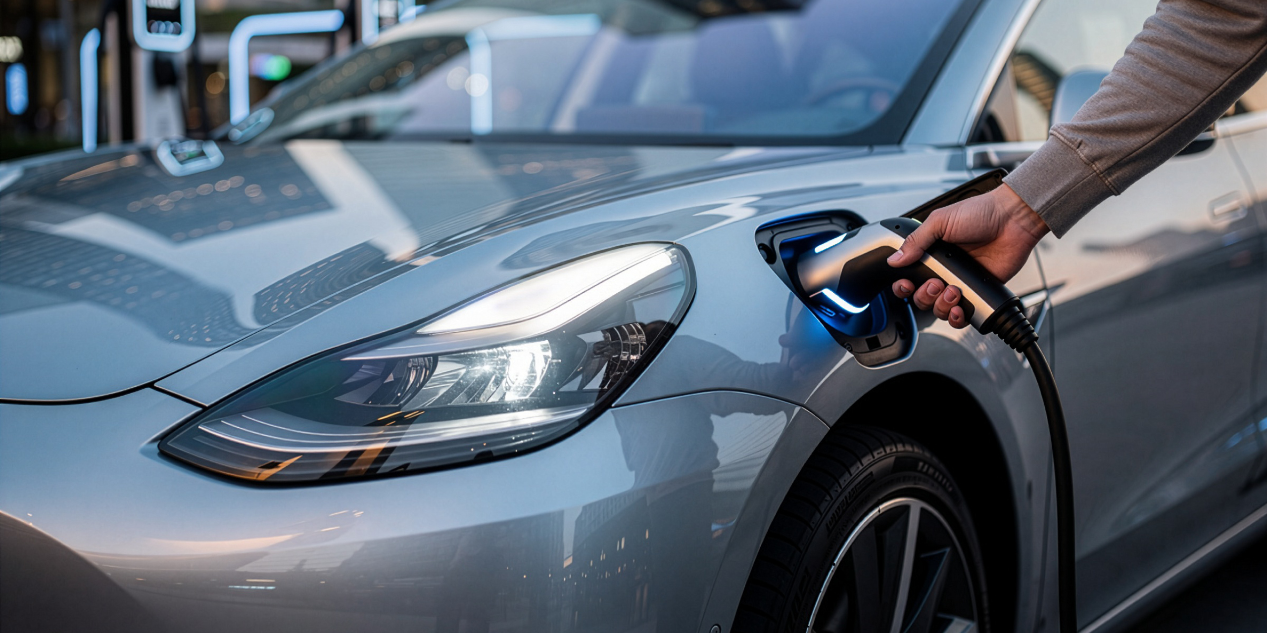 Electric car with a hand on the charging cableion