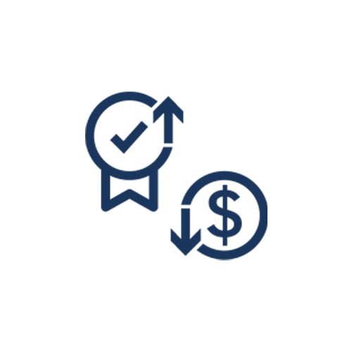 Icon for increase quality and lower transaction costs Blue tick and dollar icon symbolizing benefit to increase quality and lower transaction costs